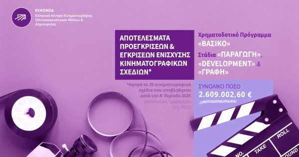 Το ΕΚΚΟΜΕΔ ενισχύει 25 κινηματογραφικά σχέδια με 2,6 εκατ. ευρώ στο πλαίσιο των Επιλεκτικών Προγραμμάτων
